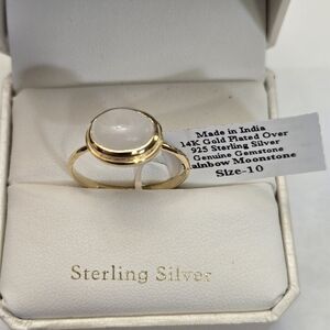 14K Yellow Gold Plated Over Sterling Silver Genuine Rainbow Moonstone Ring